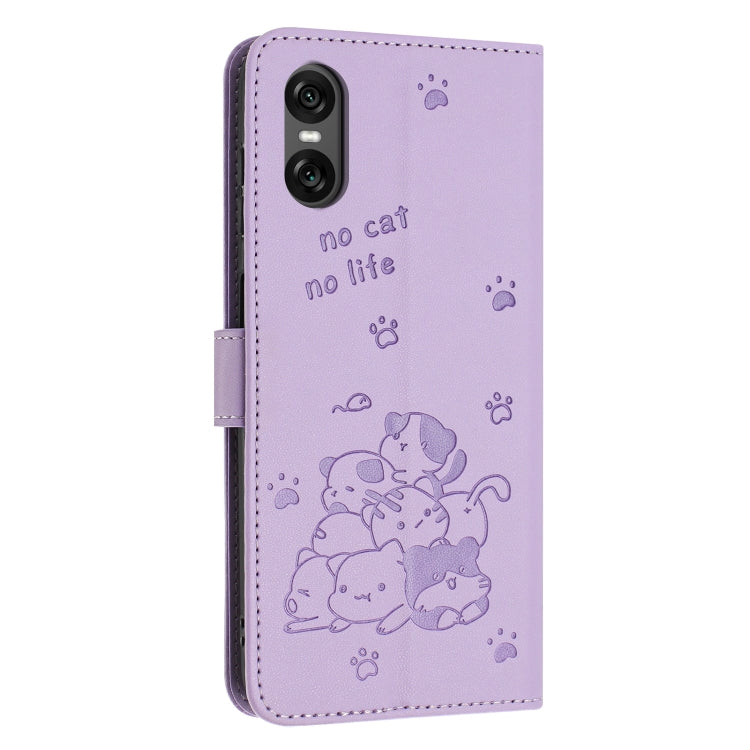 Funda de Cuero para Sony Xperia 5 Vi con Diseño de Gatito En Relieve y Cordón (Morado)