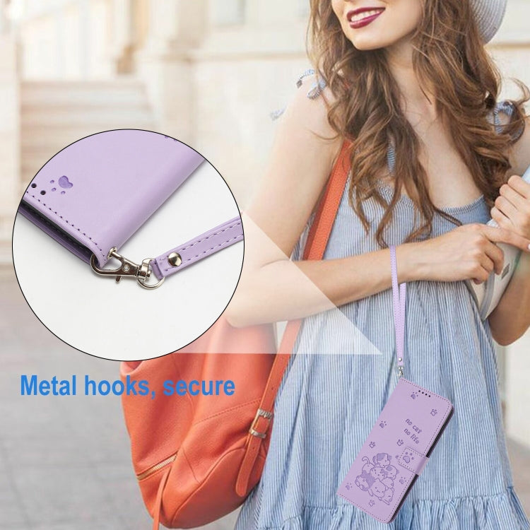 Funda de Cuero para Sony Xperia 5 Vi con Diseño de Gatito En Relieve y Cordón (Morado)