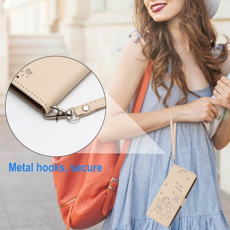 Funda de Cuero para Sony Xperia 5 Vi con Diseño de Gatito En Relieve y Cordón (Beige)