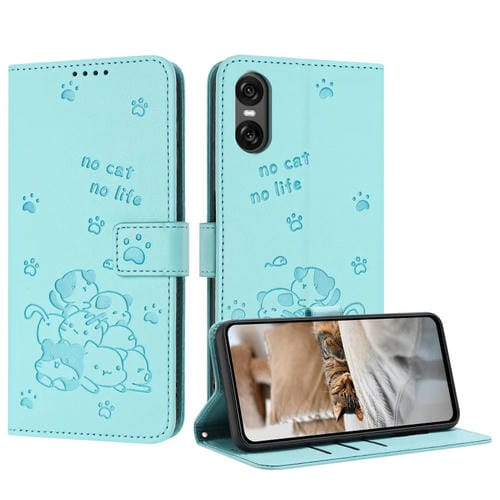 Funda de Cuero para Sony Xperia 5 Vi con Diseño de Gatito En Relieve y Cordón (Verde Menta)
