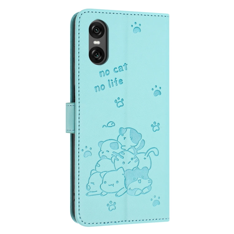 Funda de Cuero para Sony Xperia 5 Vi con Diseño de Gatito En Relieve y Cordón (Verde Menta)