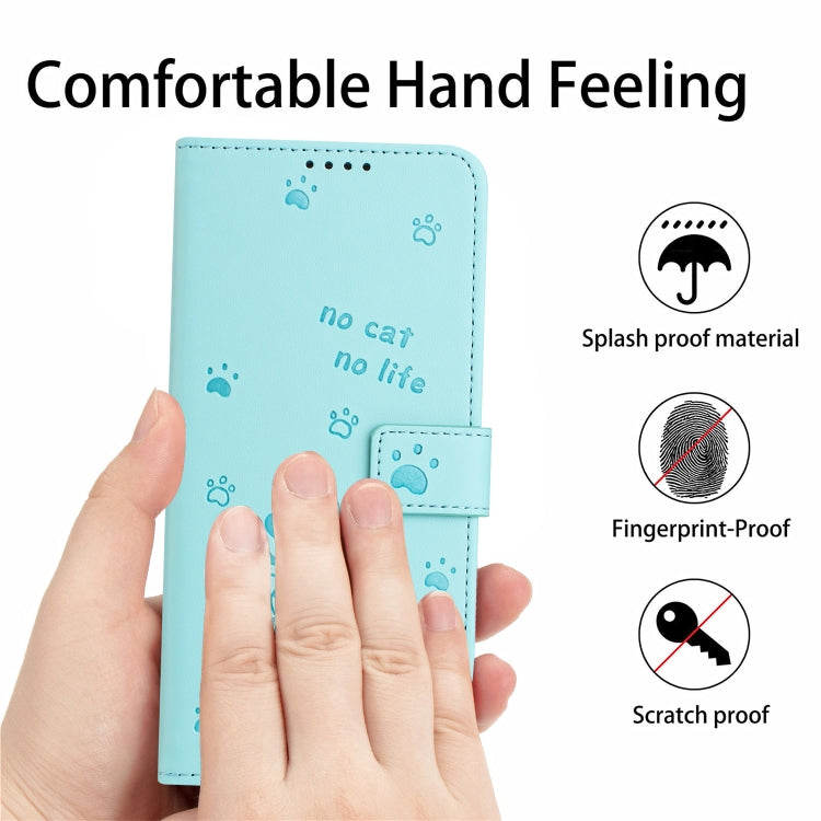 Funda de Cuero para Sony Xperia 5 Vi con Diseño de Gatito En Relieve y Cordón (Verde Menta)