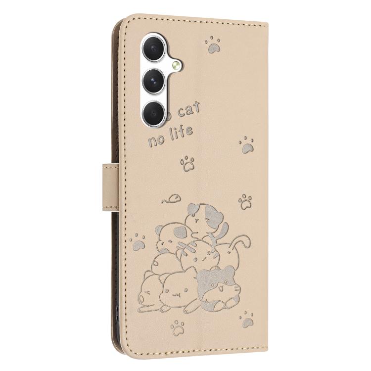 Funda de piel con diseño de gatito en relieve y cordón para Samsung Galaxy S25 FE 5G (beige)