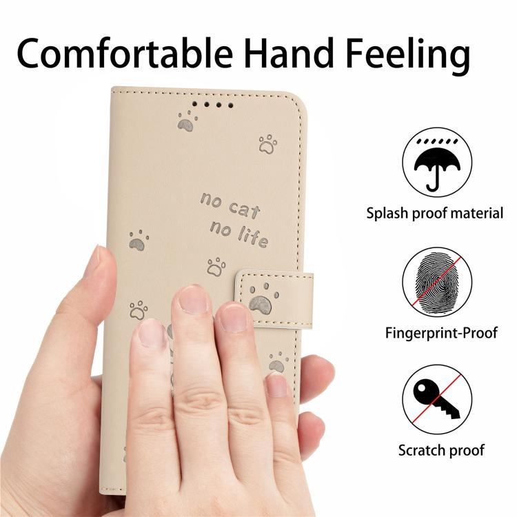 Funda de piel con diseño de gatito en relieve y cordón para Samsung Galaxy S25 FE 5G (beige)