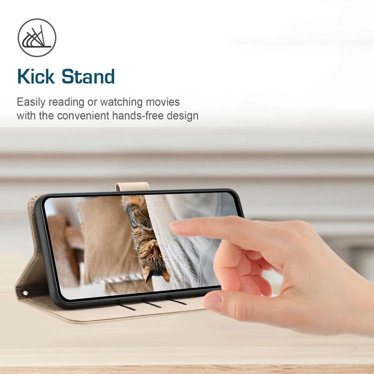 Funda de piel con diseño de gatito en relieve y cordón para Samsung Galaxy S25 FE 5G (beige)