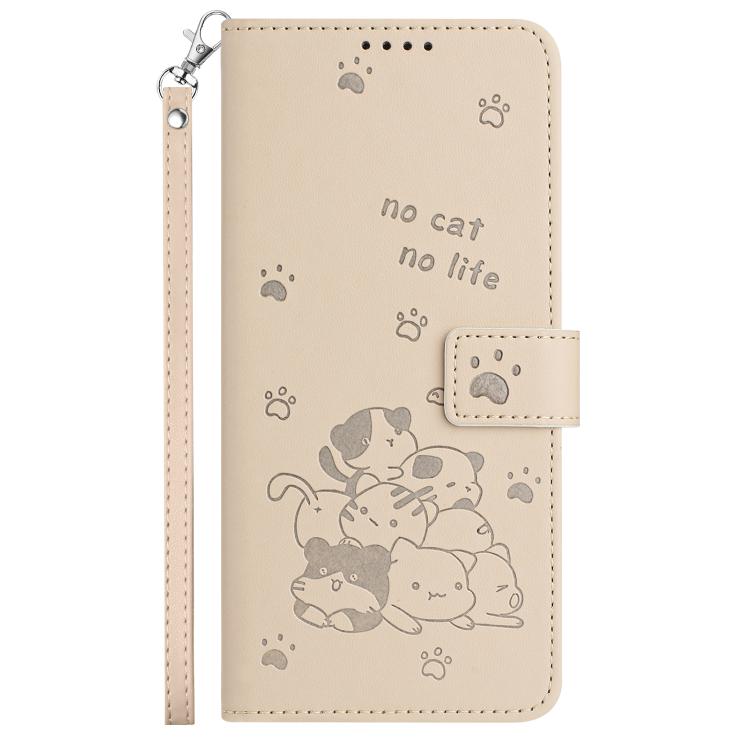 Funda de piel con diseño de gatito en relieve y cordón para Samsung Galaxy A17 5G/A26 5G (beige)