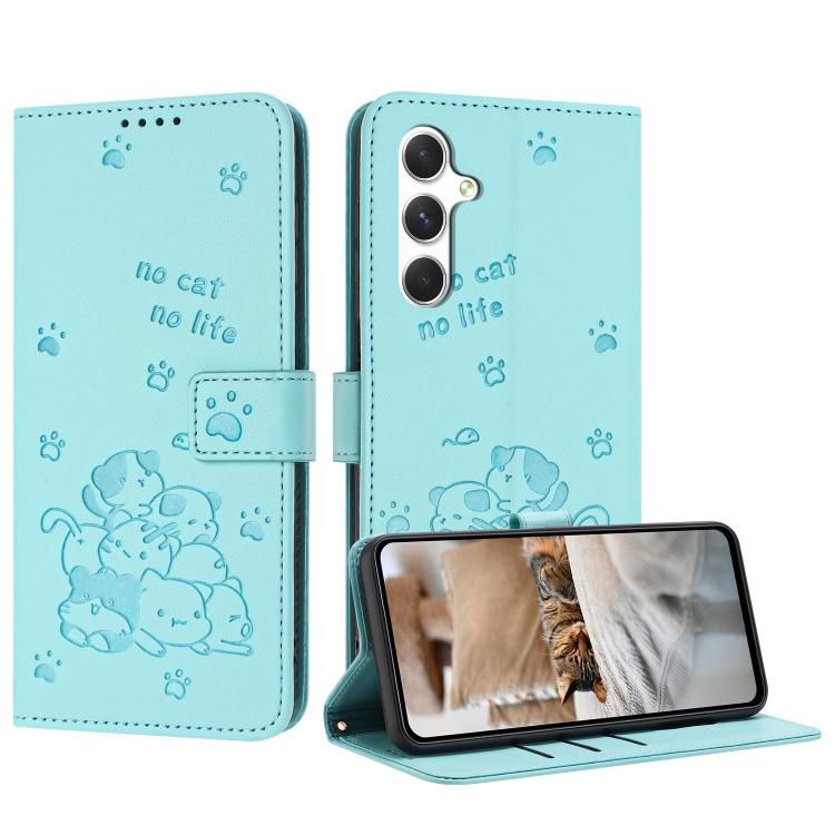 Funda de piel con diseño de gatito en relieve y cordón para Samsung Galaxy A17 5G/A26 5G (verde menta)