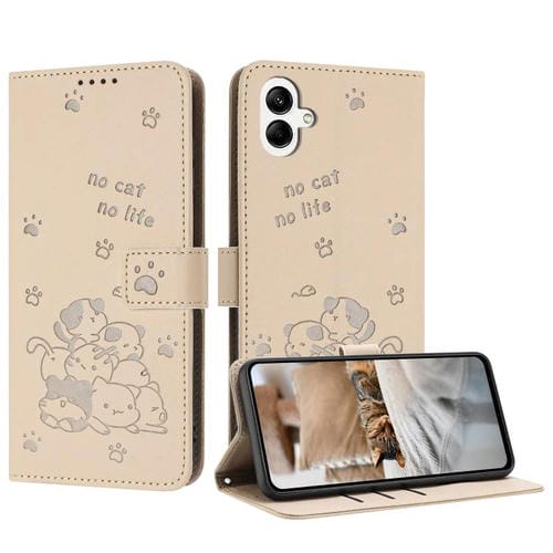 Funda de piel con diseño de gatito en relieve y cordón para Samsung Galaxy A07 4G (beige)