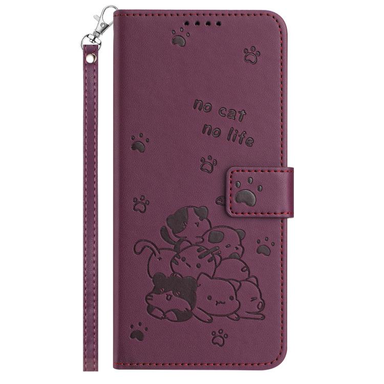 Funda de piel con diseño de gatito en relieve y cordón para Samsung Galaxy A07 4G (rojo vino)