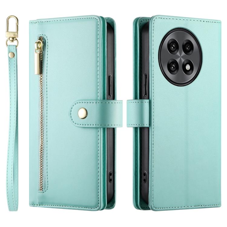Funda de Cuero para OnePlus 13R Ace 5 Ace 5 Pro con 9 Ranuras y Cremallera (Verde Menta)