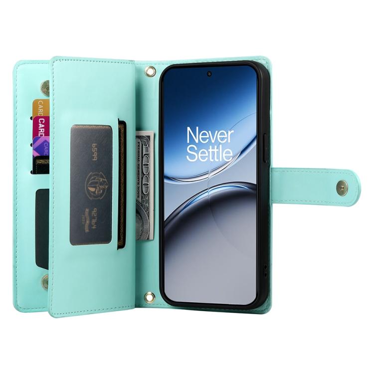 Funda de Cuero para OnePlus 13R Ace 5 Ace 5 Pro con 9 Ranuras y Cremallera (Verde Menta)