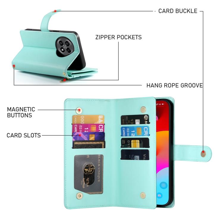 Funda de Cuero para OnePlus 13R Ace 5 Ace 5 Pro con 9 Ranuras y Cremallera (Verde Menta)
