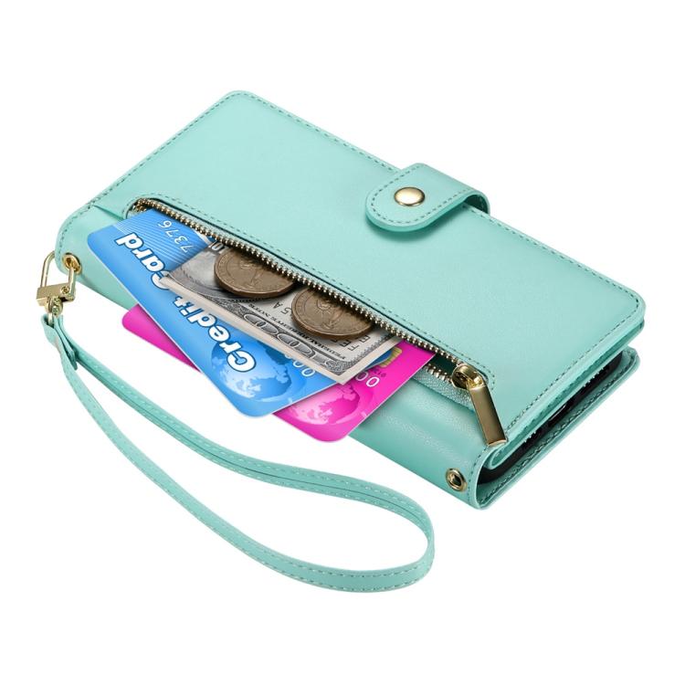 Funda de Cuero para OnePlus 13R Ace 5 Ace 5 Pro con 9 Ranuras y Cremallera (Verde Menta)