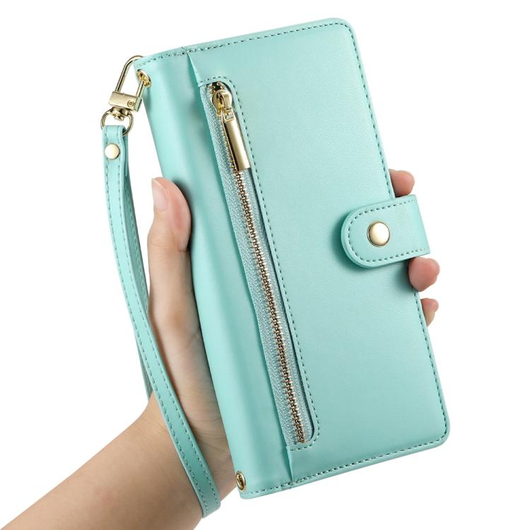 Funda de Cuero para OnePlus 13R Ace 5 Ace 5 Pro con 9 Ranuras y Cremallera (Verde Menta)