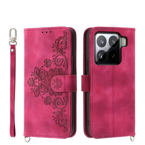 Funda De Cuero Con Relieve De Flores Y Tacto De Piel Para Xiaomi 15 Pro (Rojo Vino)