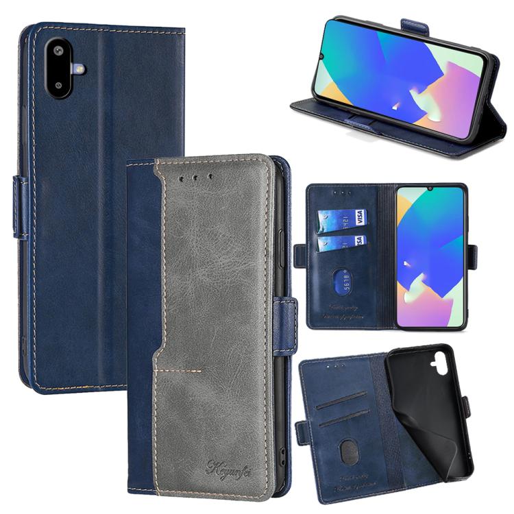 Funda de cuero con hebilla lateral en color de contraste para Samsung Galaxy F06 5G (azul y gris)