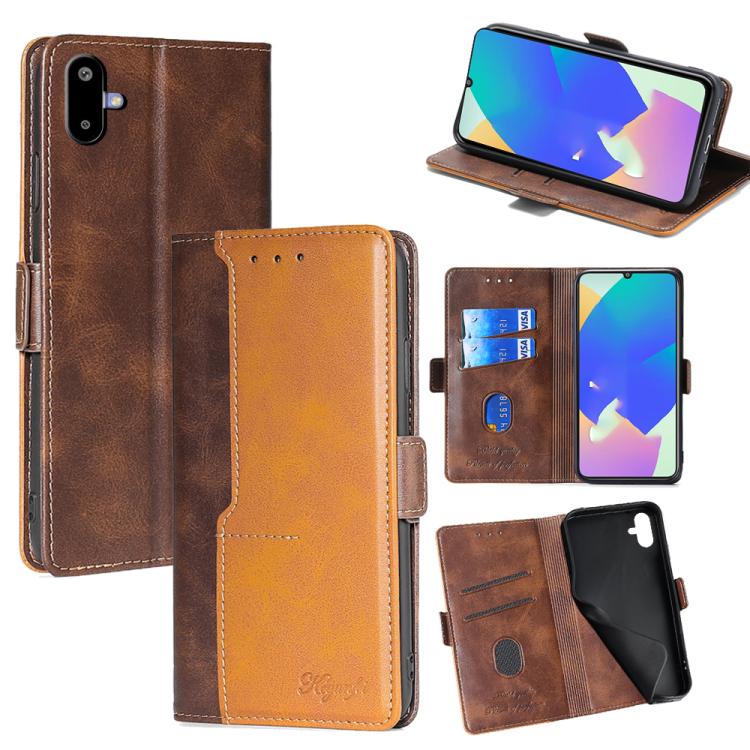 Funda de cuero con hebilla lateral en color de contraste para Samsung Galaxy F06 5G (marrón oscuro y dorado)