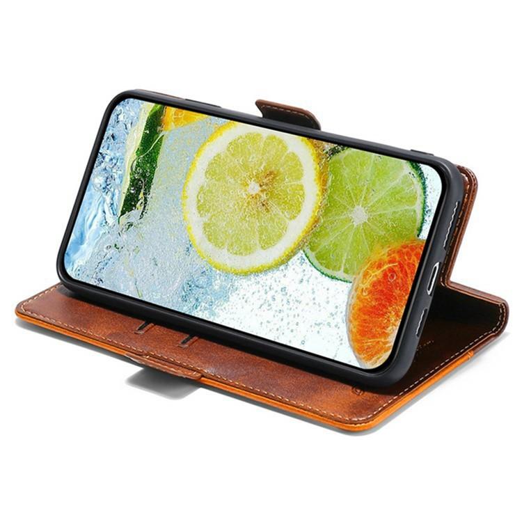 Funda de cuero con hebilla lateral en color de contraste para Samsung Galaxy F06 5G (marrón oscuro y dorado)