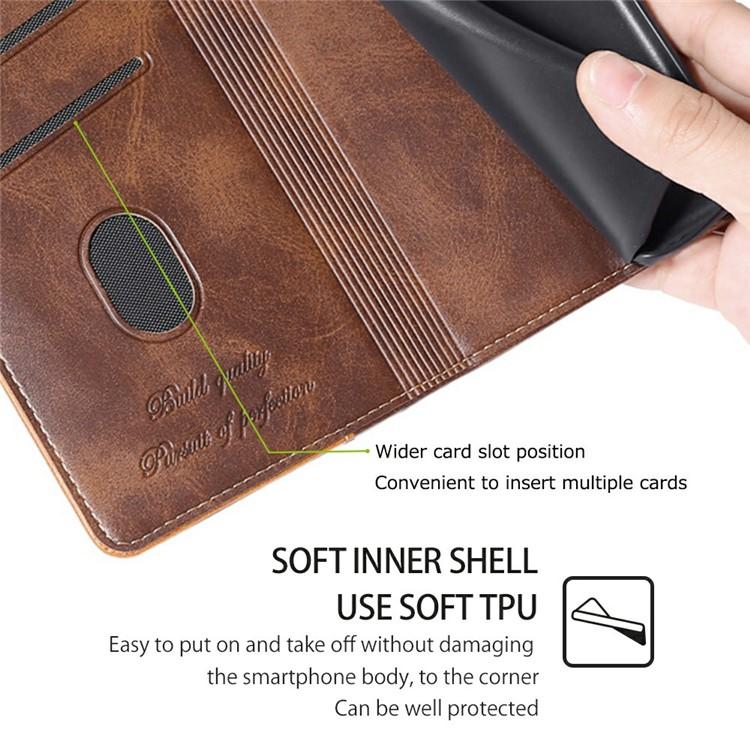 Funda de cuero con hebilla lateral en color de contraste para Samsung Galaxy F06 5G (marrón oscuro y dorado)