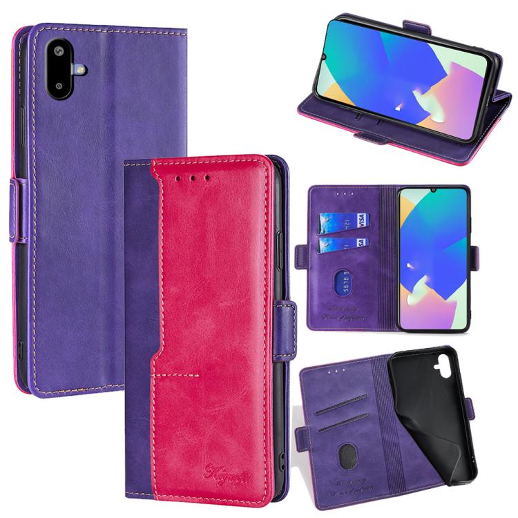 Funda de cuero con hebilla lateral en color de contraste para Samsung Galaxy F06 5G (morado y rojo rosa)
