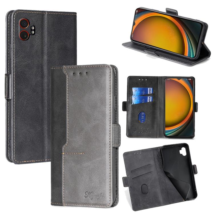Funda de cuero con hebilla lateral en color de contraste para Samsung Galaxy Xcover 7 Pro 5G (negro y gris)