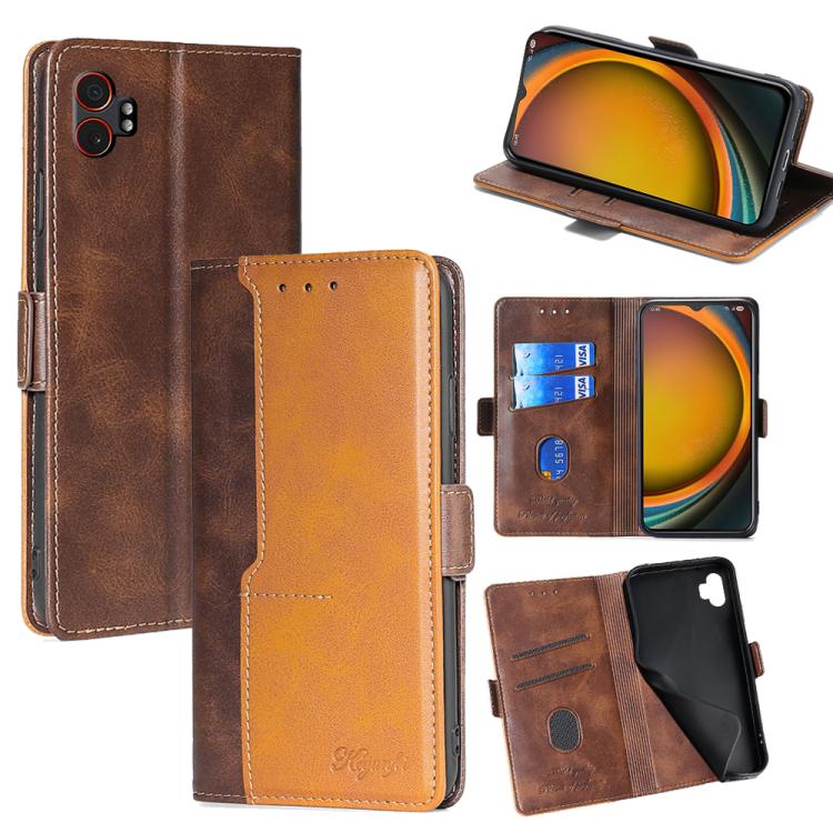 Funda de cuero con hebilla lateral en color de contraste para Samsung Galaxy Xcover 7 Pro 5G (marrón oscuro y dorado)