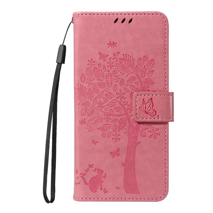 Funda de cuero con tapa y diseño de árbol y gato en relieve para Samsung Galaxy S25 FE 5G (rosa)