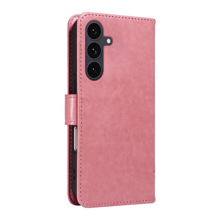 Funda de cuero con tapa y diseño de árbol y gato en relieve para Samsung Galaxy S25 FE 5G (rosa)