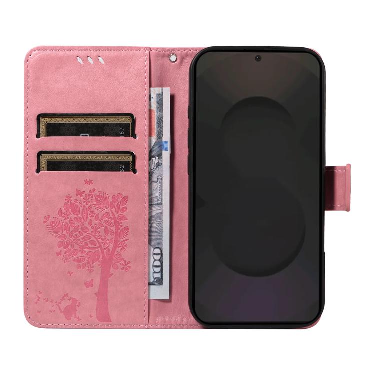 Funda de cuero con tapa y diseño de árbol y gato en relieve para Samsung Galaxy S25 FE 5G (rosa)
