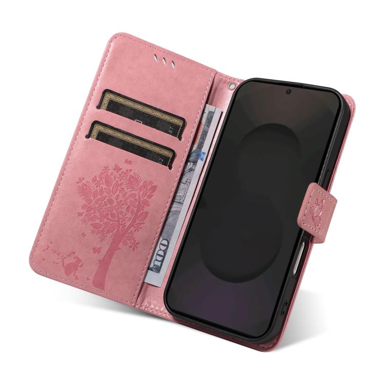 Funda de cuero con tapa y diseño de árbol y gato en relieve para Samsung Galaxy S25 FE 5G (rosa)