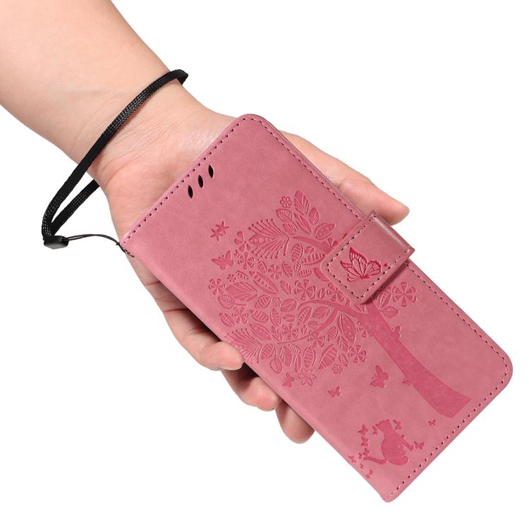 Funda de cuero con tapa y diseño de árbol y gato en relieve para Samsung Galaxy S25 FE 5G (rosa)