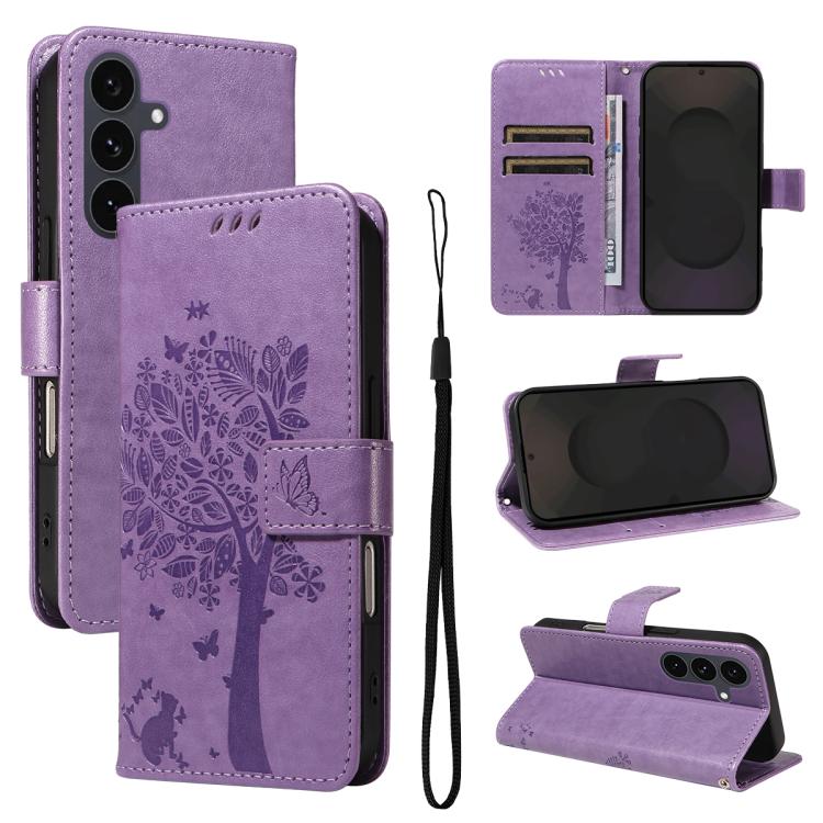 Funda de cuero con tapa y diseño de árbol y gato en relieve para Samsung Galaxy S25 FE 5G (morado claro)
