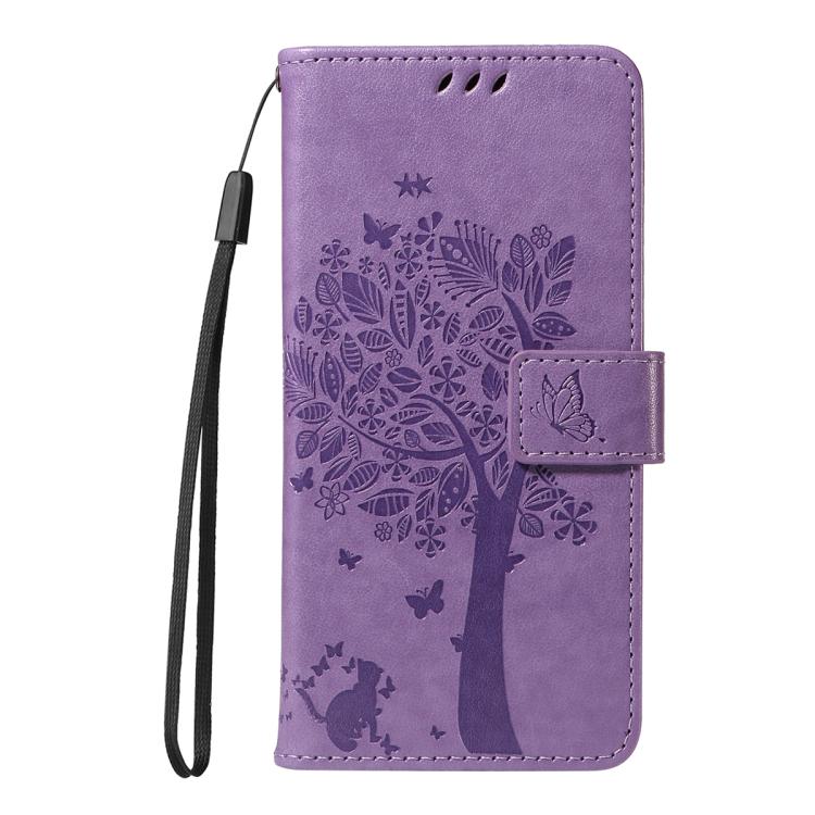 Funda de cuero con tapa y diseño de árbol y gato en relieve para Samsung Galaxy S25 FE 5G (morado claro)