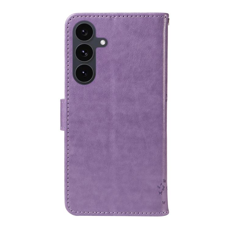 Funda de cuero con tapa y diseño de árbol y gato en relieve para Samsung Galaxy S25 FE 5G (morado claro)