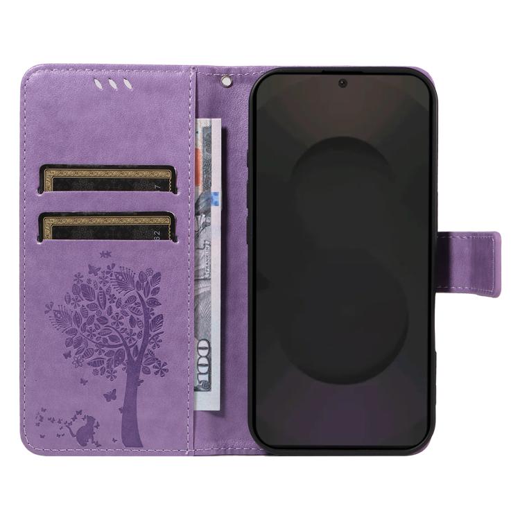 Funda de cuero con tapa y diseño de árbol y gato en relieve para Samsung Galaxy S25 FE 5G (morado claro)