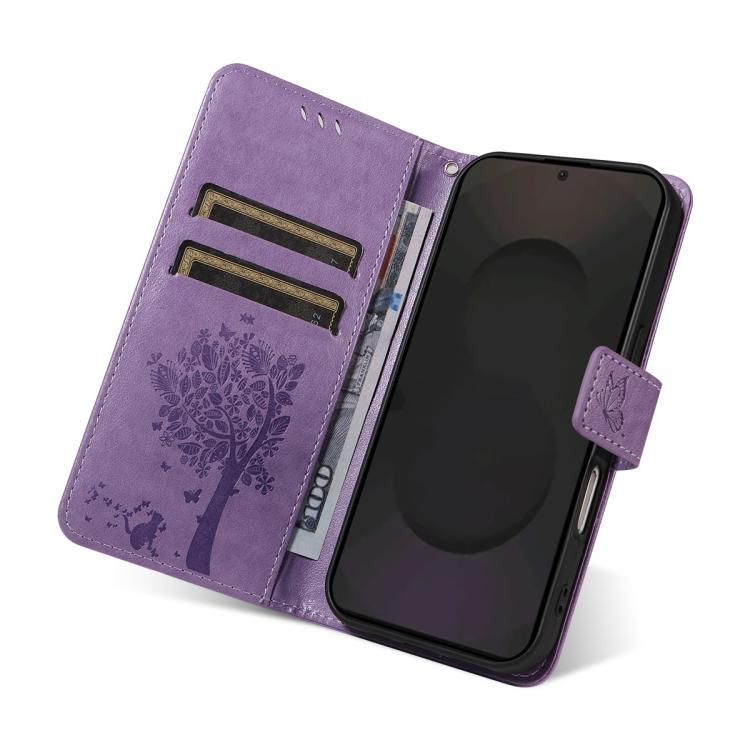 Funda de cuero con tapa y diseño de árbol y gato en relieve para Samsung Galaxy S25 FE 5G (morado claro)