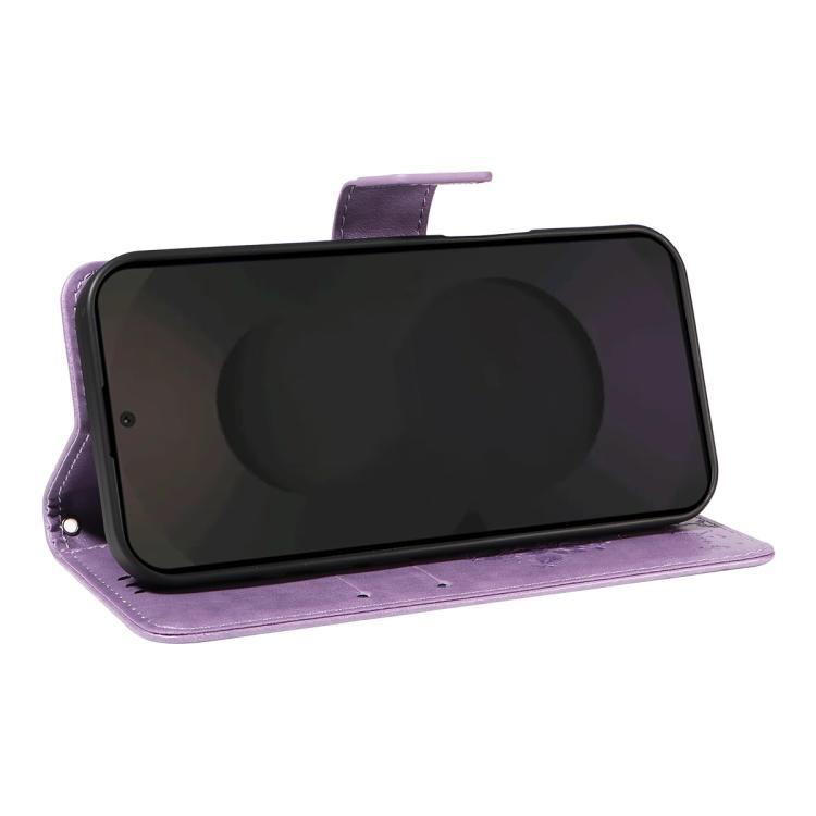 Funda de cuero con tapa y diseño de árbol y gato en relieve para Samsung Galaxy S25 FE 5G (morado claro)
