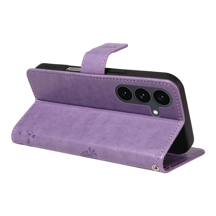 Funda de cuero con tapa y diseño de árbol y gato en relieve para Samsung Galaxy S25 FE 5G (morado claro)