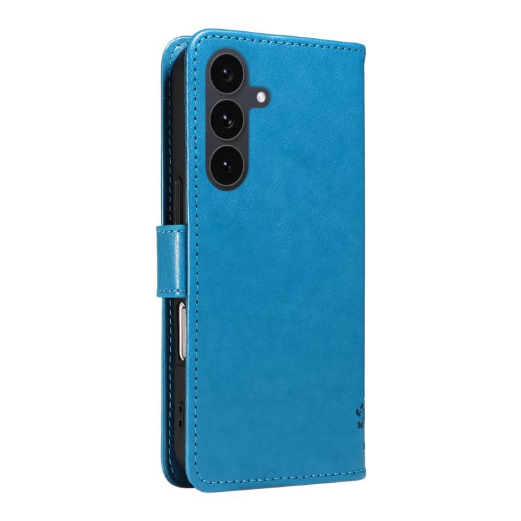 Funda de cuero con tapa y diseño de árbol y gato en relieve para Samsung Galaxy S25 FE 5G (azul)
