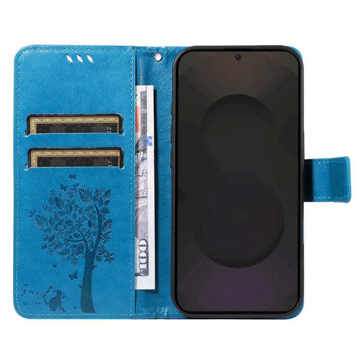 Funda de cuero con tapa y diseño de árbol y gato en relieve para Samsung Galaxy S25 FE 5G (azul)