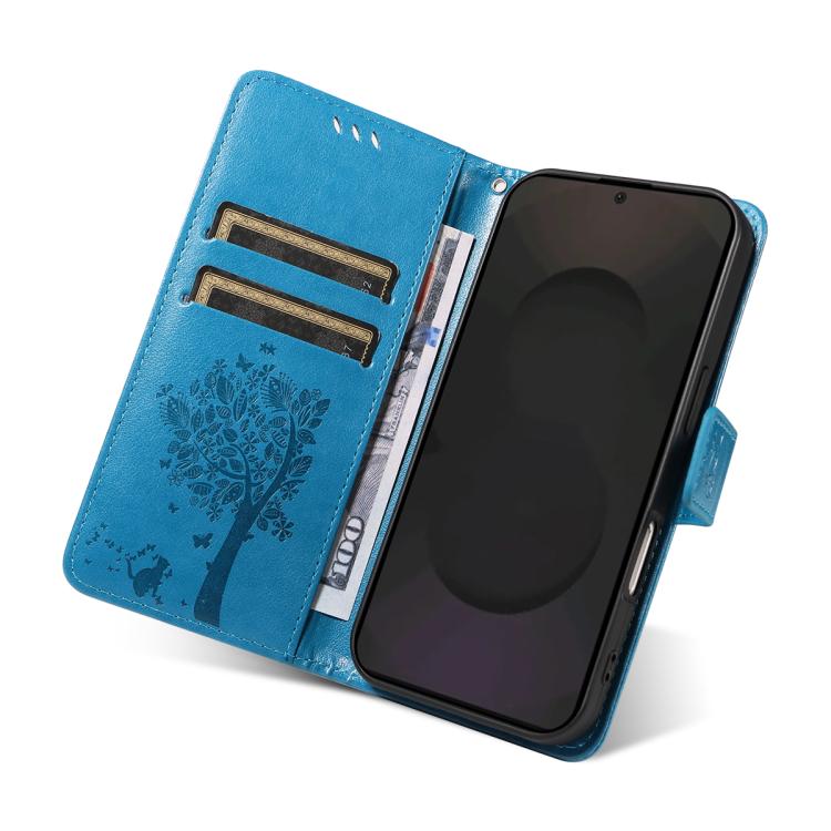 Funda de cuero con tapa y diseño de árbol y gato en relieve para Samsung Galaxy S25 FE 5G (azul)
