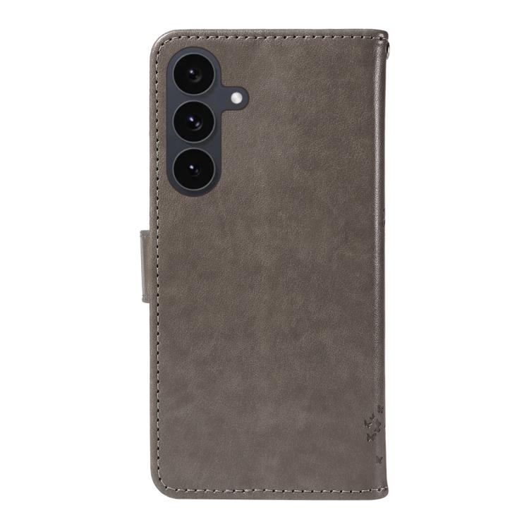Funda de cuero con tapa y diseño de árbol y gato en relieve para Samsung Galaxy S25 FE 5G (gris)