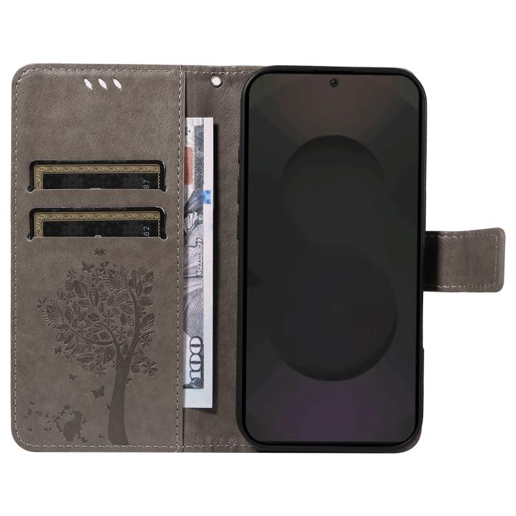 Funda de cuero con tapa y diseño de árbol y gato en relieve para Samsung Galaxy S25 FE 5G (gris)