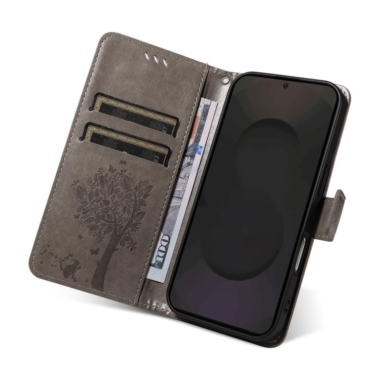 Funda de cuero con tapa y diseño de árbol y gato en relieve para Samsung Galaxy S25 FE 5G (gris)