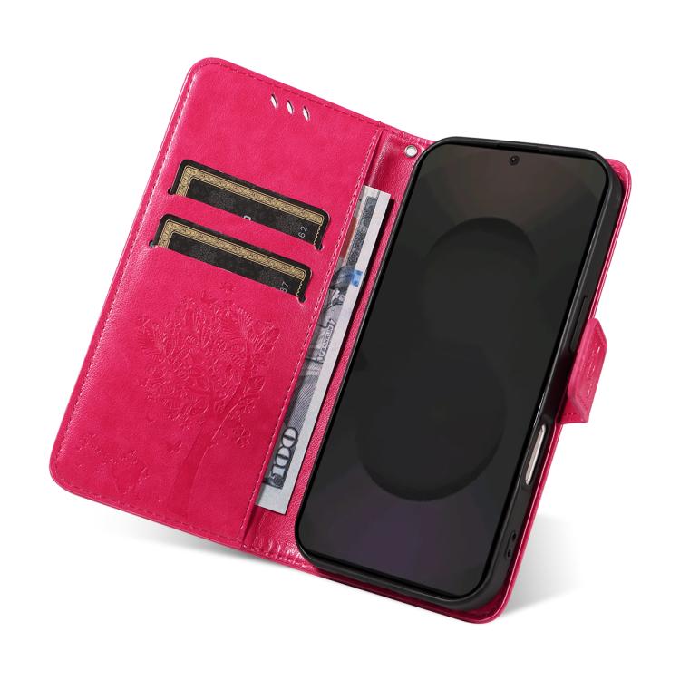 Funda de cuero con tapa y diseño de árbol y gato en relieve para Samsung Galaxy S25 FE 5G (rosa)