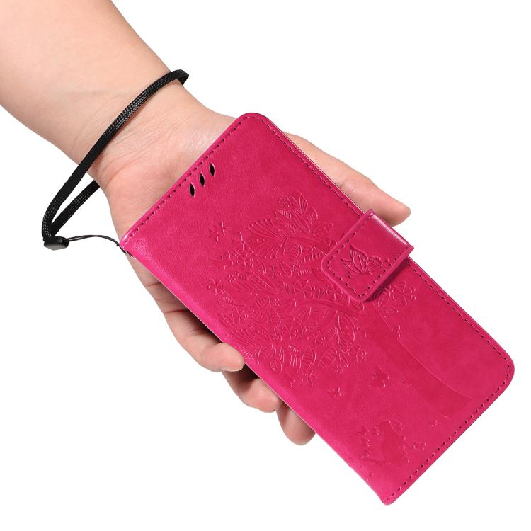 Funda de cuero con tapa y diseño de árbol y gato en relieve para Samsung Galaxy S25 FE 5G (rosa)