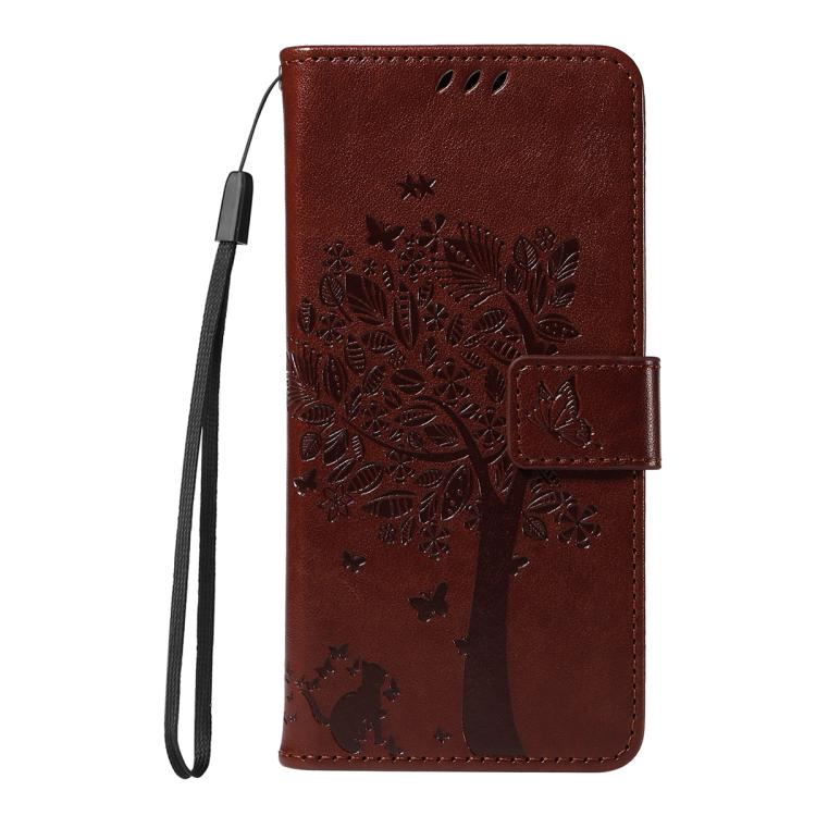 Funda de cuero con tapa y estampado de árbol y gato para Samsung Galaxy S25 FE 5G (café)