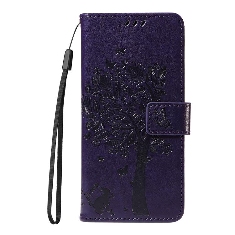 Funda de cuero con tapa para Samsung Galaxy S25 FE 5G con diseño de árbol y gato (morado)