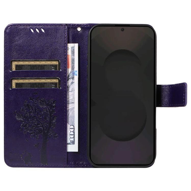 Funda de cuero con tapa para Samsung Galaxy S25 FE 5G con diseño de árbol y gato (morado)