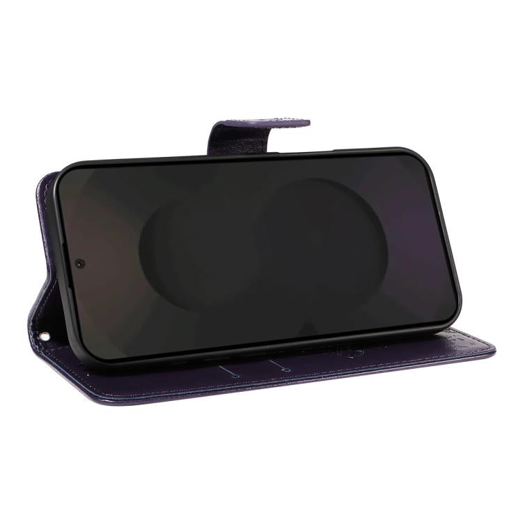 Funda de cuero con tapa para Samsung Galaxy S25 FE 5G con diseño de árbol y gato (morado)